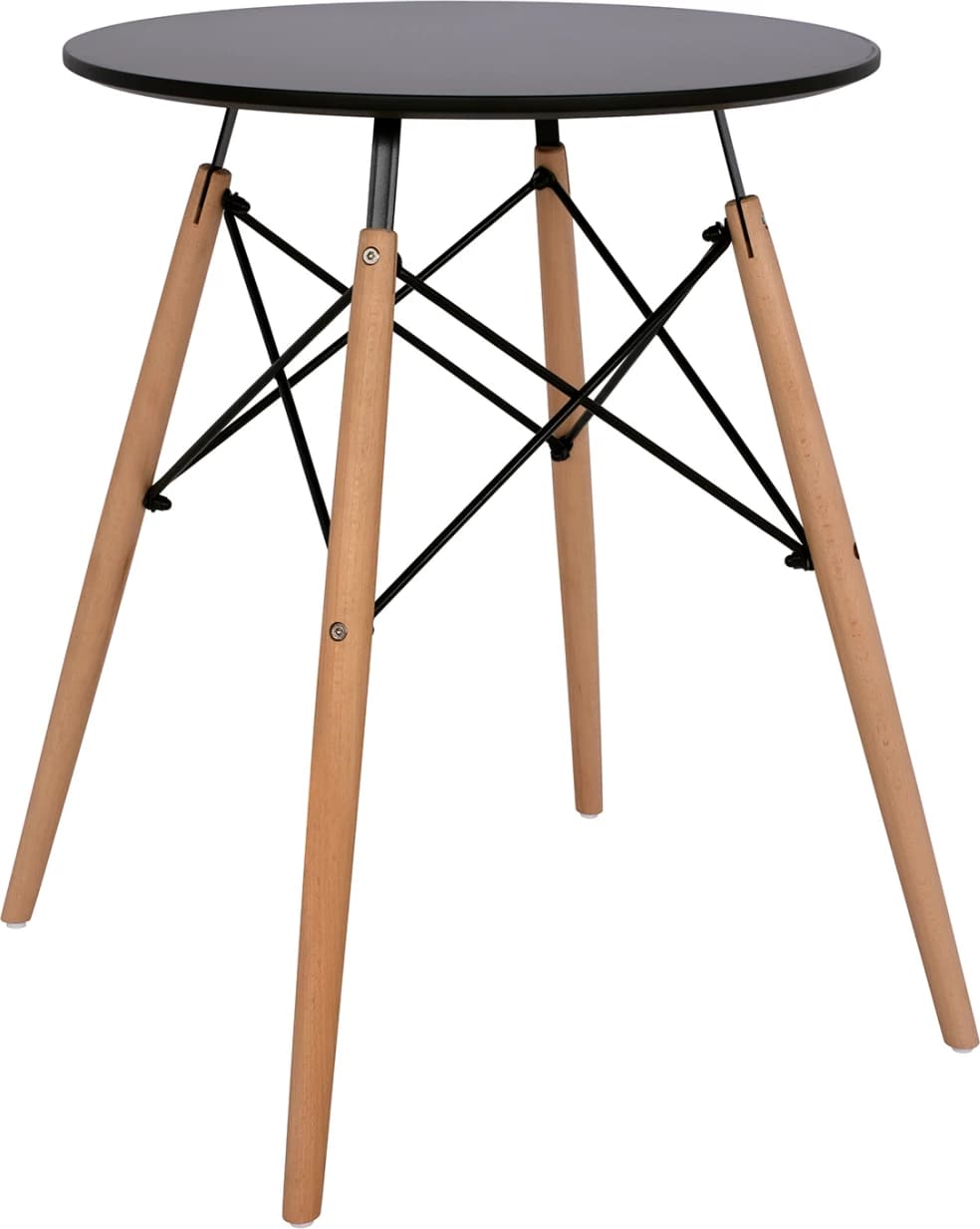 Tavolinë ngrënieje rrethore minimaliste, FH0060.02, sipërfaqe MDF, ngjyrë e zezë, këmbë druri ahu, Φ60x72H cm