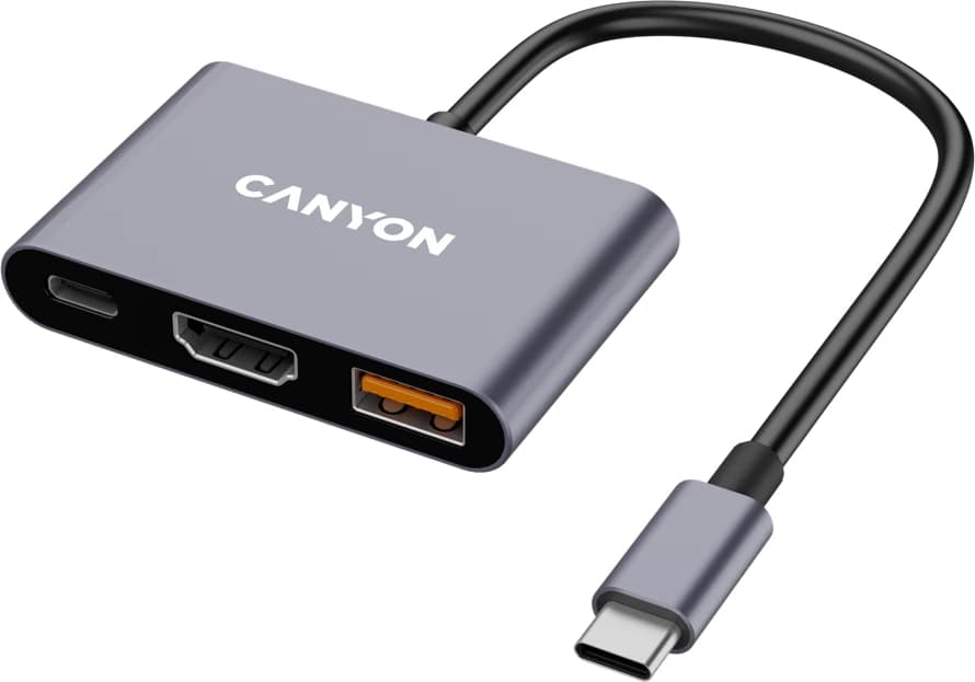 Hub USB-C CANYON DS-4 3n1 me HDMI, USB 3.2 Gen 2 dhe Power Delivery 100W, gri