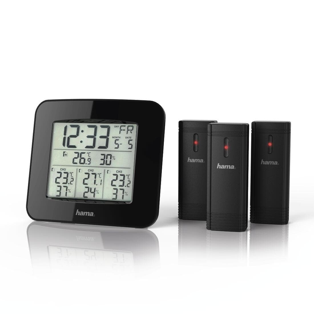 Stacion Moti Hama EWS-Trio 186311 / 3x Sensorë Wireless / DCF / Temperaturë / Lagështirë / Alarm – Zezë