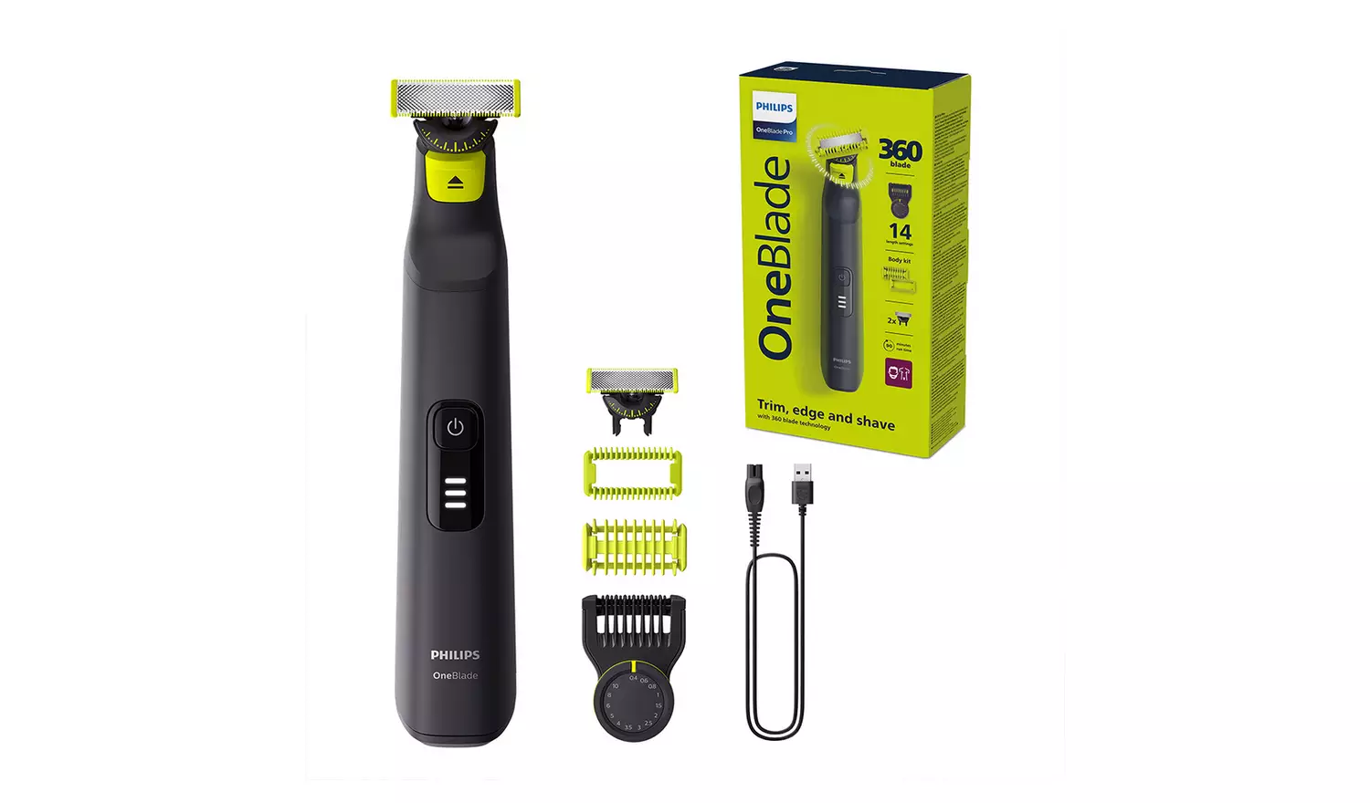 Makinë e rrojës Philips OneBlade Pro 360 Face+Body / QP6542/15 / 360 Blade / 12.000 lëvizje/min / 0.4–10 mm / Wet & Dry / 90 Min – Zezë